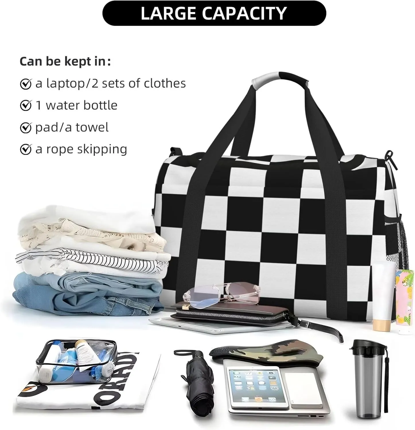 Black White Checkered Duffle Bag Foldable Travel Tote Bag Carry On Large Weekender Overnight Bags Waterproof Gym Bag For Women Men