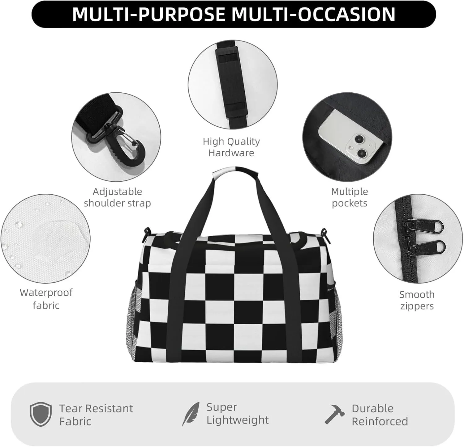 Black White Checkered Duffle Bag Foldable Travel Tote Bag Carry On Large Weekender Overnight Bags Waterproof Gym Bag For Women Men