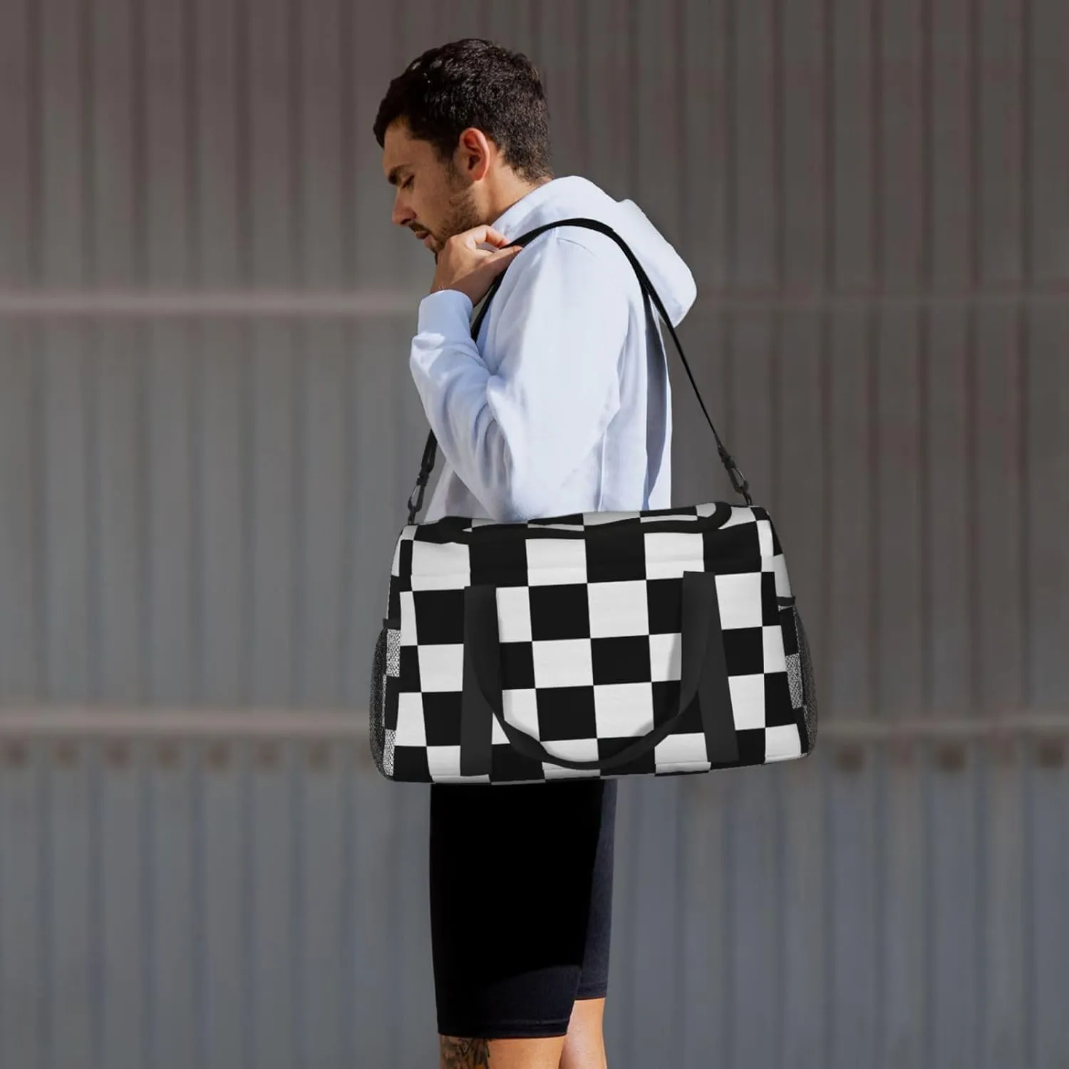 Black White Checkered Duffle Bag Foldable Travel Tote Bag Carry On Large Weekender Overnight Bags Waterproof Gym Bag For Women Men