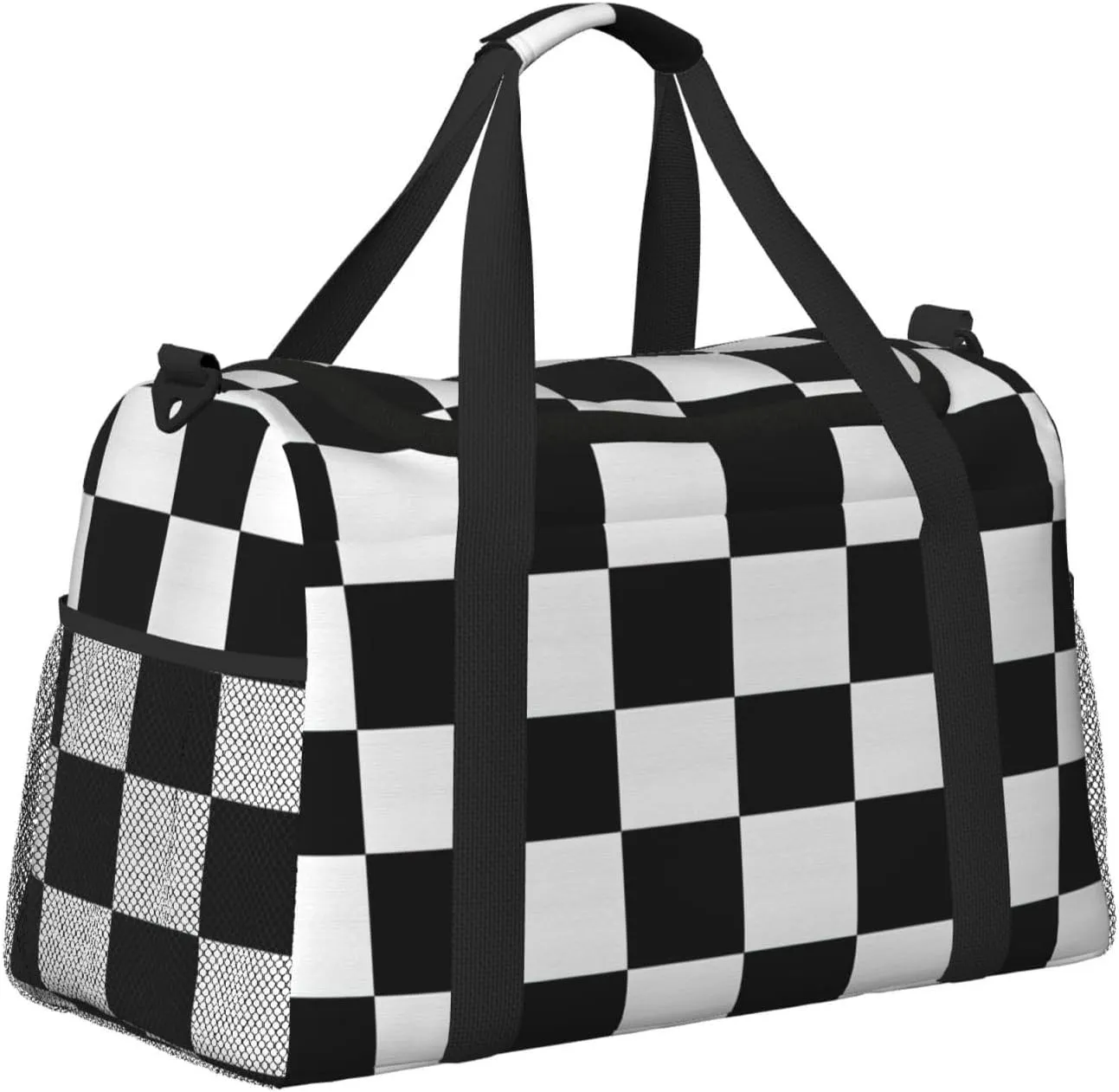 Black White Checkered Duffle Bag Foldable Travel Tote Bag Carry On Large Weekender Overnight Bags Waterproof Gym Bag For Women Men