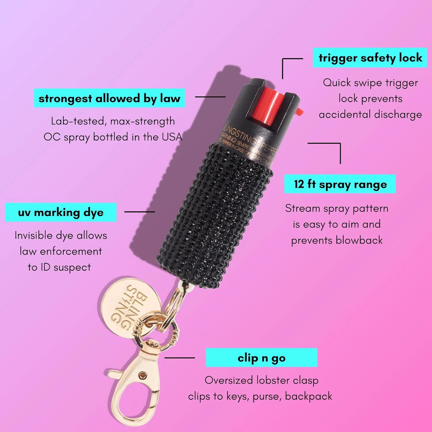BLINGSTING Pepper Spray for Women - Maximum Strength OC Self Defense Spray - 12 ft Range - UV Marking Dye for Police ID - Swipe Safety Lock - Compact & Fashionable Keychain