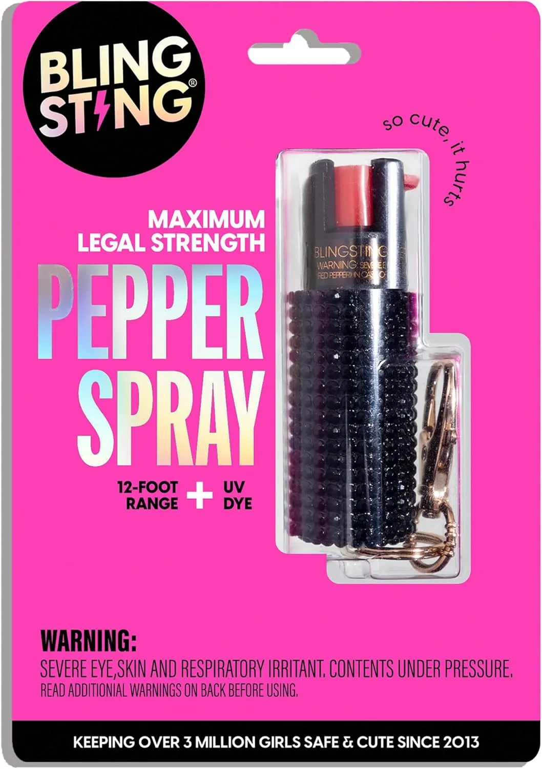 BLINGSTING Pepper Spray for Women - Maximum Strength OC Self Defense Spray - 12 ft Range - UV Marking Dye for Police ID - Swipe Safety Lock - Compact & Fashionable Keychain