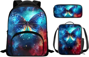 Blue Butterfly Little Girl Backpacks Ages 2 With Lunchboxes Simple Pencil Case for Girls Lightweight Bookbag Middle-School Elementary Bookbags School Bag Sweet Gift for Birthday Holiday