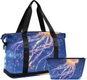 Blue-gold Glowing Floating Jellyfish Duffel Bags Sports Gym Tote Bag with Toiletry Bag for Sports Waterproof