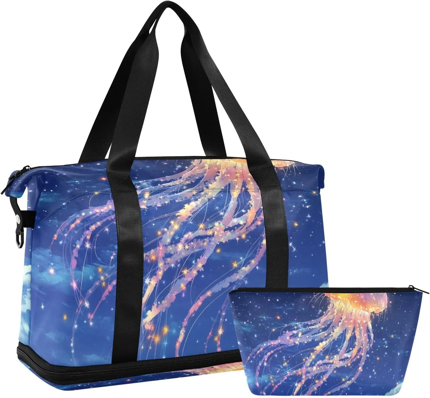 Blue-gold Glowing Floating Jellyfish Duffel Bags Sports Gym Tote Bag with Toiletry Bag for Sports Waterproof