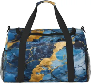 Blue Marble Golden Liquid Duffle Bag Travel Duffel Bags for Men Women Waterproof Gym Overnight Weekender Bag Carry on Tote Bag