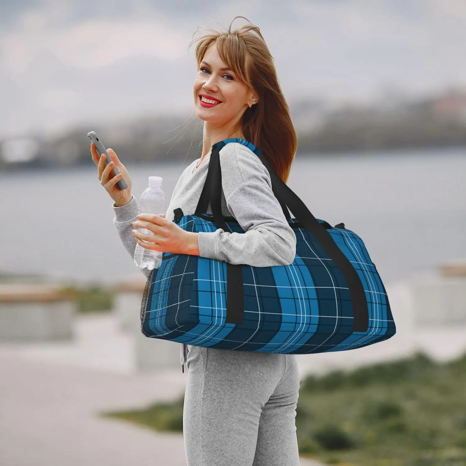 Blue Plaid Travel Duffel Bag Large Foldable Waterproof Overnight Bag For Beach Swim Bags Pool Sports Gym