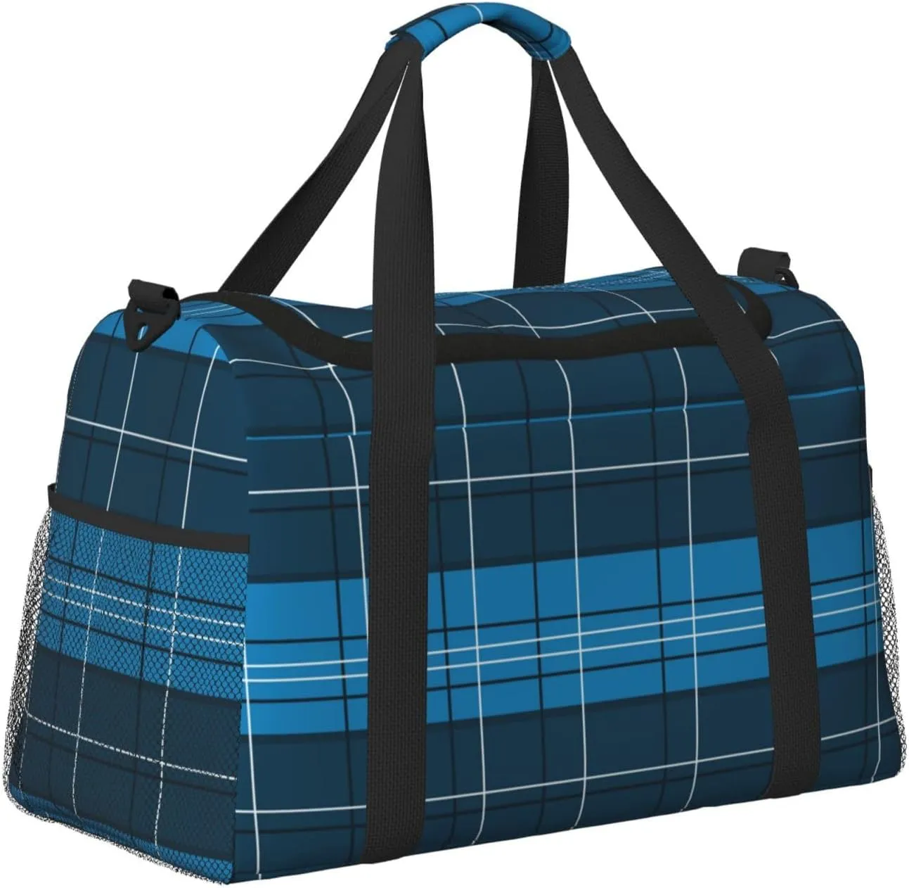 Blue Plaid Travel Duffel Bag Large Foldable Waterproof Overnight Bag For Beach Swim Bags Pool Sports Gym