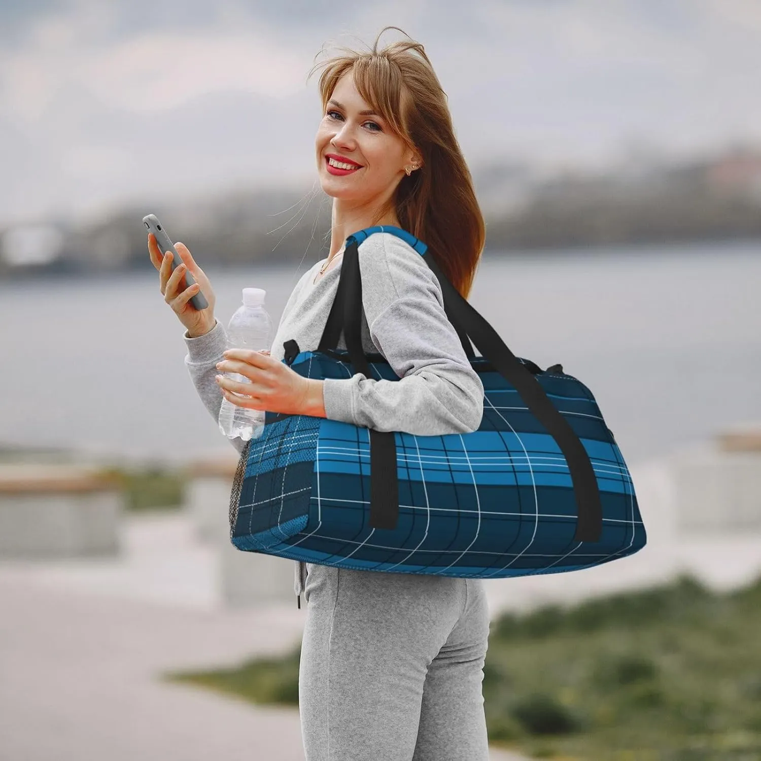 Blue Plaid Travel Duffel Bag Large Foldable Waterproof Overnight Bag For Beach Swim Bags Pool Sports Gym
