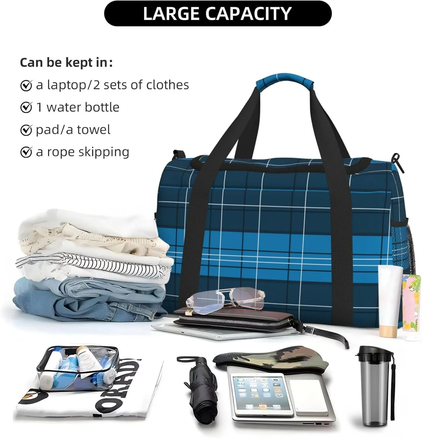 Blue Plaid Travel Duffel Bag Large Foldable Waterproof Overnight Bag For Beach Swim Bags Pool Sports Gym