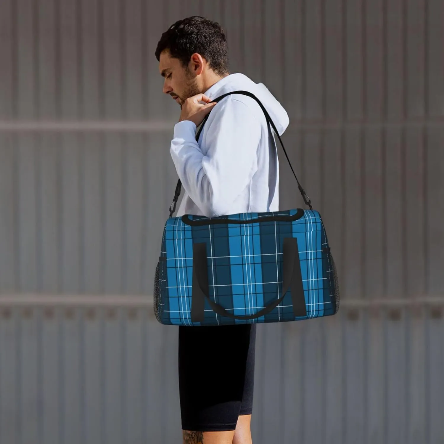 Blue Plaid Travel Duffel Bag Large Foldable Waterproof Overnight Bag For Beach Swim Bags Pool Sports Gym