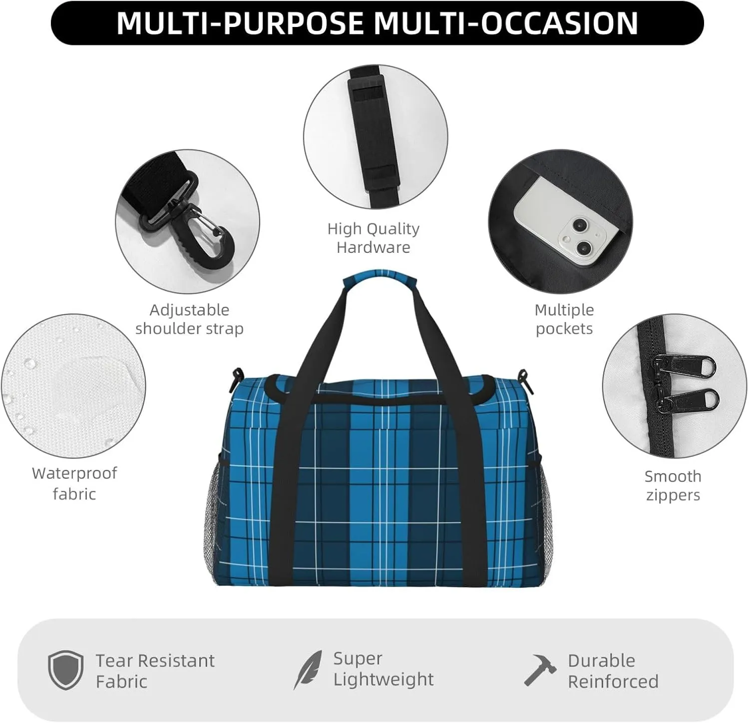 Blue Plaid Travel Duffel Bag Large Foldable Waterproof Overnight Bag For Beach Swim Bags Pool Sports Gym