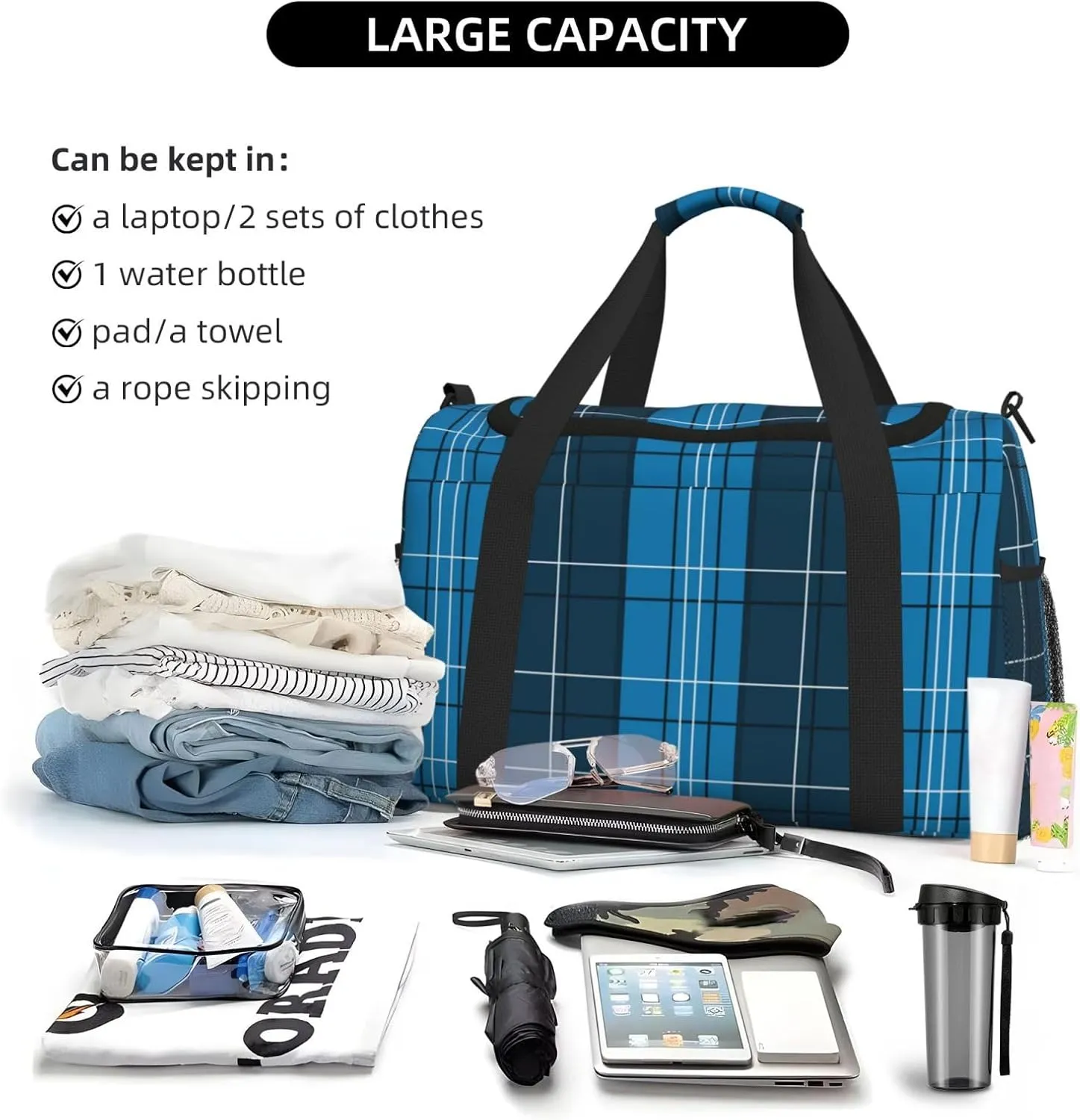 Blue Plaid Travel Duffel Bag Large Foldable Waterproof Overnight Bag For Beach Swim Bags Pool Sports Gym