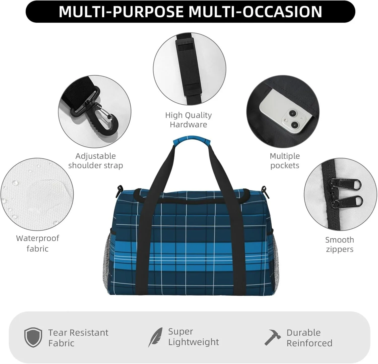 Blue Plaid Travel Duffel Bag Large Foldable Waterproof Overnight Bag For Beach Swim Bags Pool Sports Gym