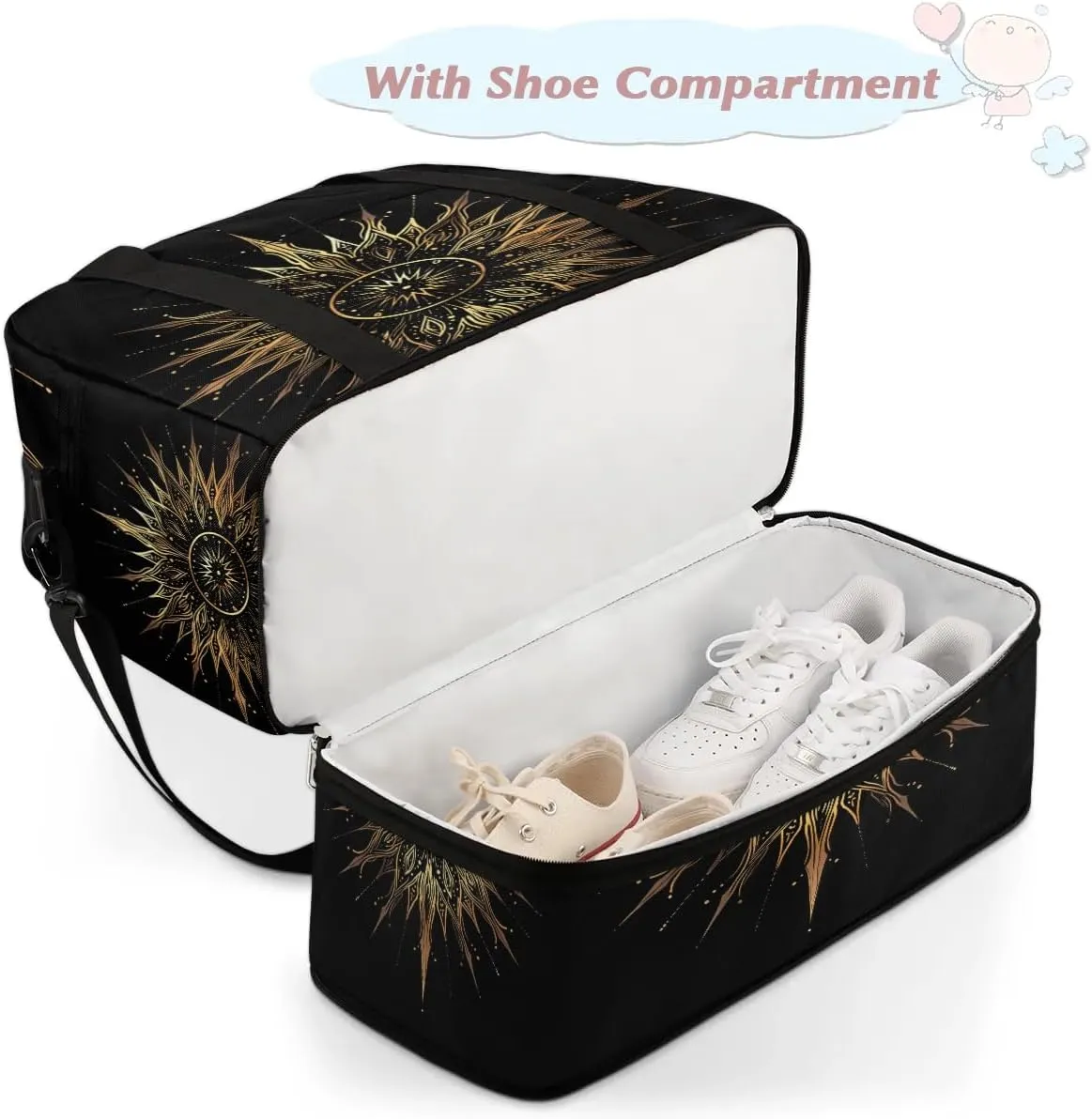 Boho Sun Pattern Retro Travel Duffle Bag, Collapsible Travel Bag Sports Gym Bag With Shoes Compartment Weekender Bag Overnight Bag For Women Men