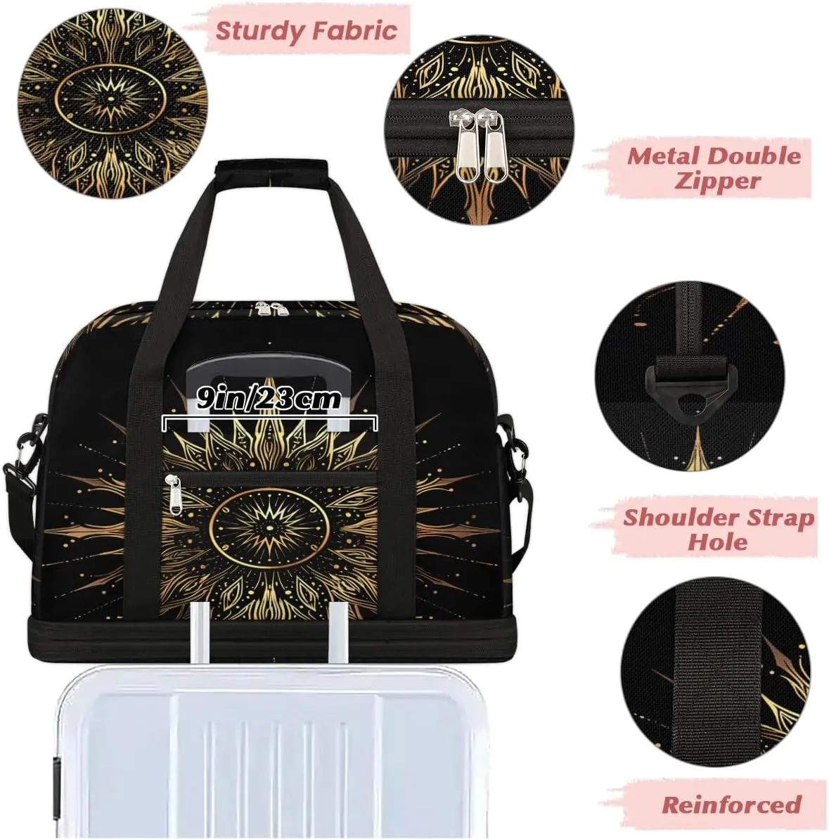 Boho Sun Pattern Retro Travel Duffle Bag, Collapsible Travel Bag Sports Gym Bag With Shoes Compartment Weekender Bag Overnight Bag For Women Men