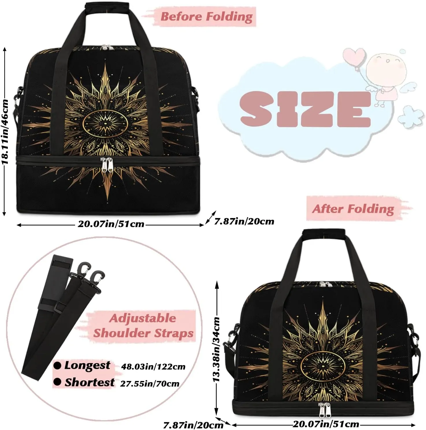 Boho Sun Pattern Retro Travel Duffle Bag, Collapsible Travel Bag Sports Gym Bag With Shoes Compartment Weekender Bag Overnight Bag For Women Men