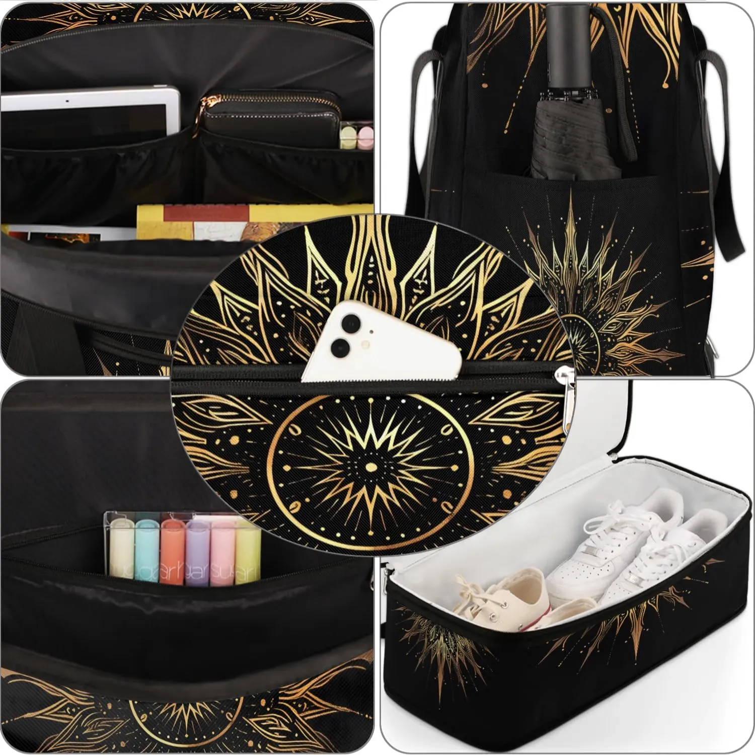 Boho Sun Pattern Retro Travel Duffle Bag, Collapsible Travel Bag Sports Gym Bag With Shoes Compartment Weekender Bag Overnight Bag For Women Men