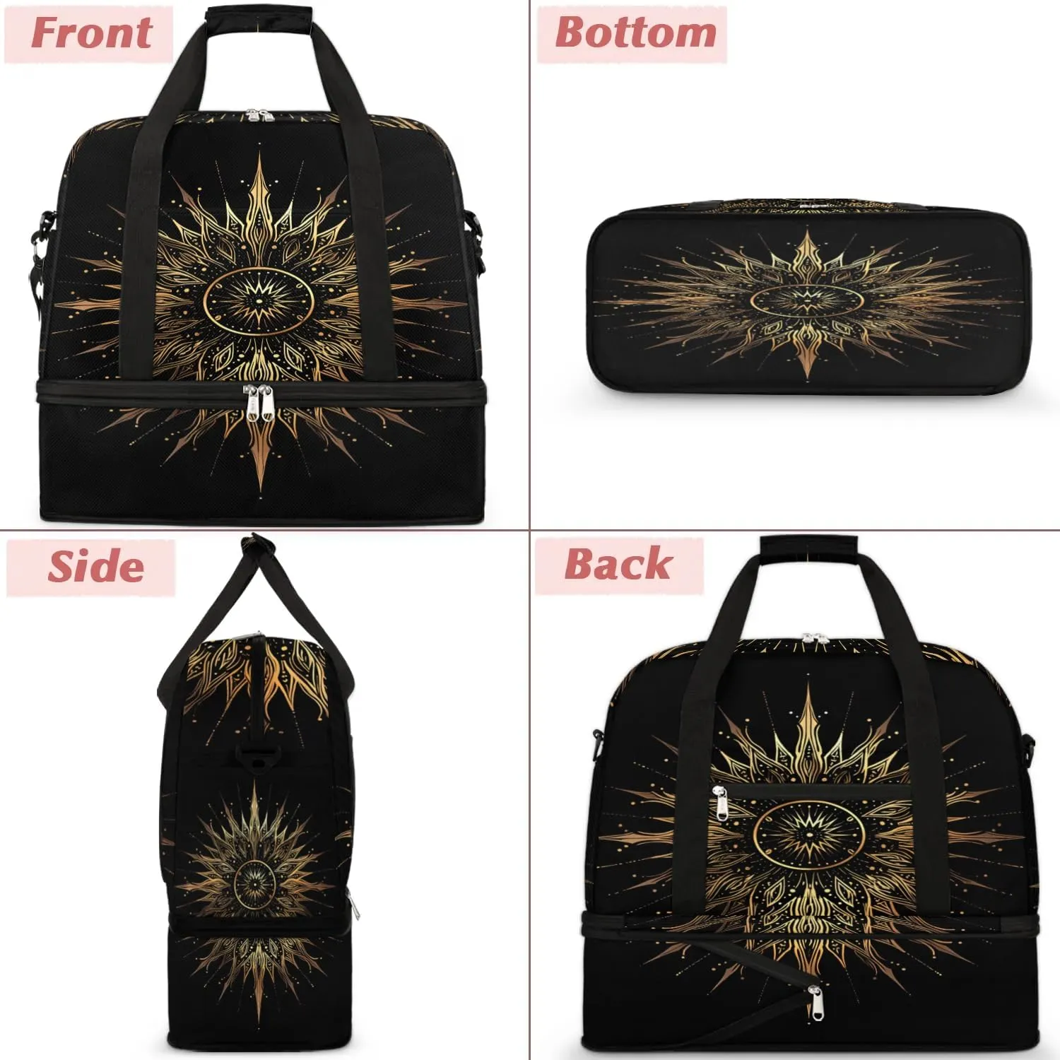Boho Sun Pattern Retro Travel Duffle Bag, Collapsible Travel Bag Sports Gym Bag With Shoes Compartment Weekender Bag Overnight Bag For Women Men