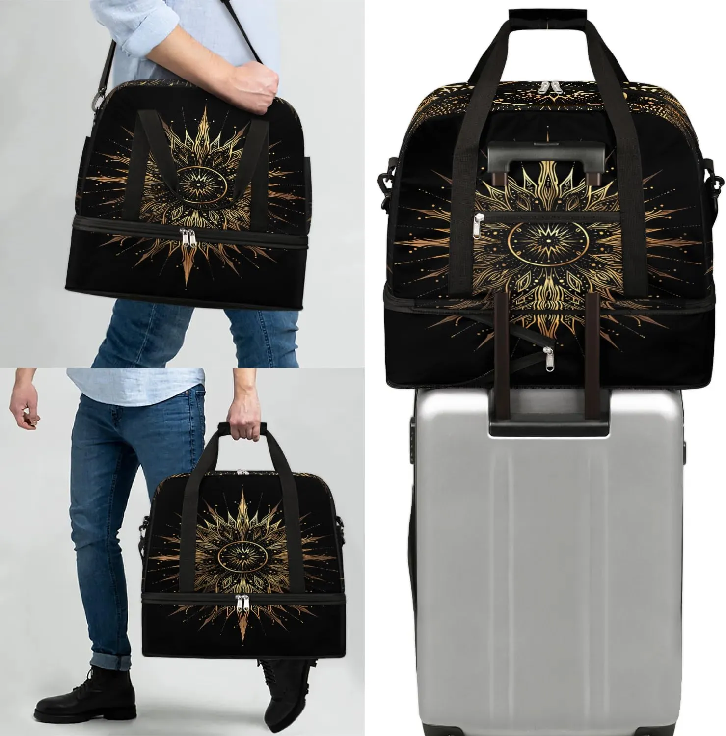 Boho Sun Pattern Retro Travel Duffle Bag, Collapsible Travel Bag Sports Gym Bag With Shoes Compartment Weekender Bag Overnight Bag For Women Men