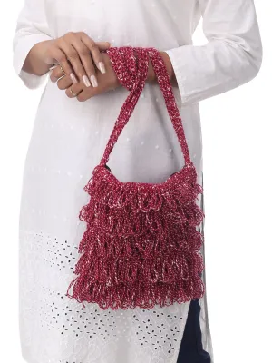 Burgundy Frilled Crochet Satchel