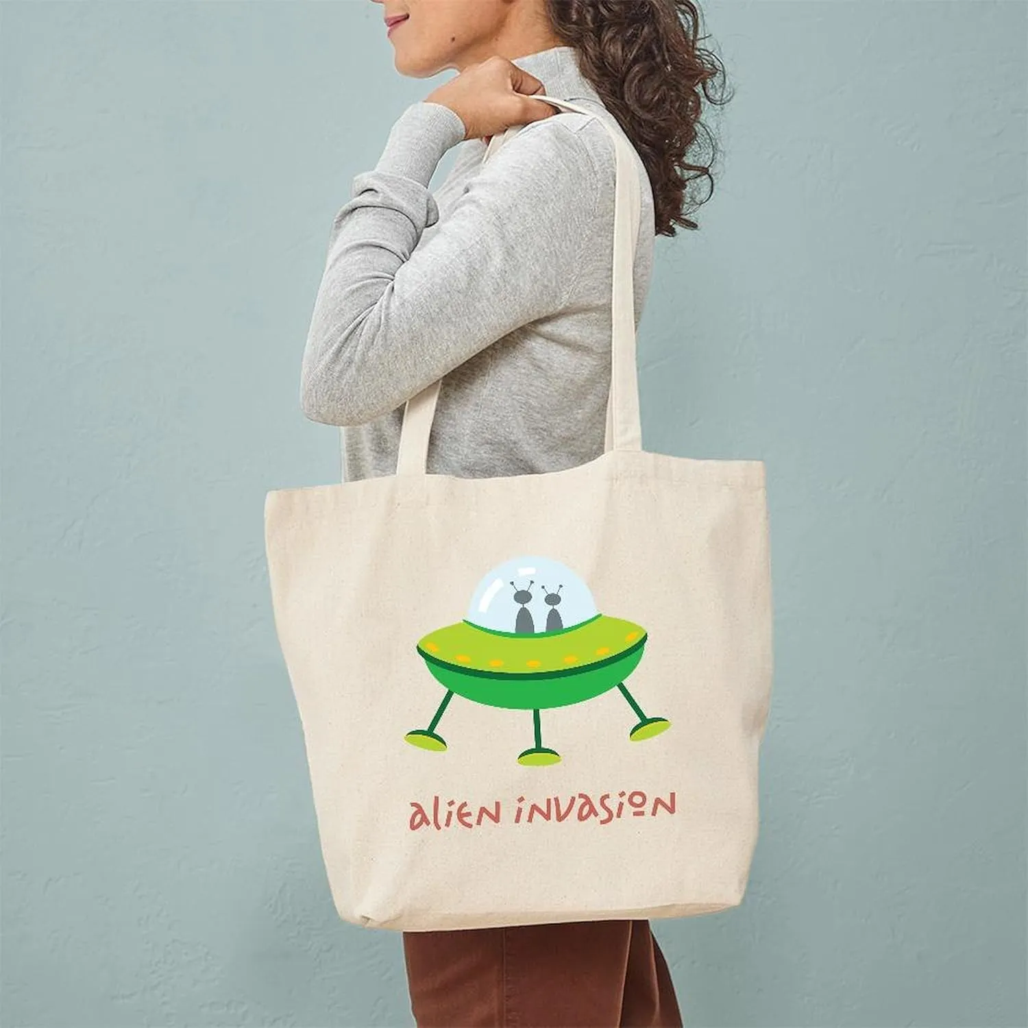 CafePress Alien Invasion Tote Bag Reusable Natural Beige Canvas Shopping Bag