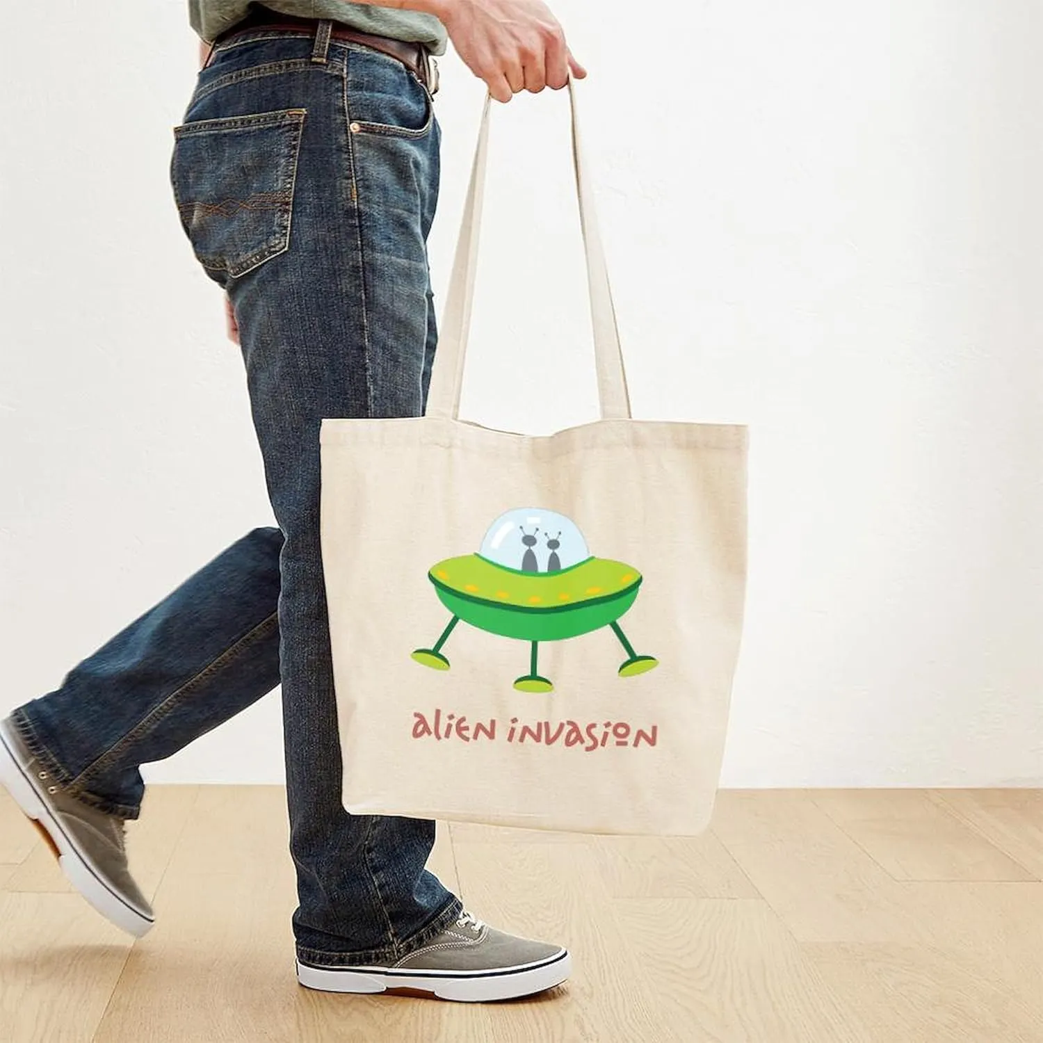CafePress Alien Invasion Tote Bag Reusable Natural Beige Canvas Shopping Bag
