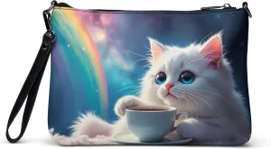 Caffeine Cat Crossbody Purse, Cute Kitty Wristlet, Colorful Kitten Faux Leather Shoulder Bag, Rainbow Fashion Accessory