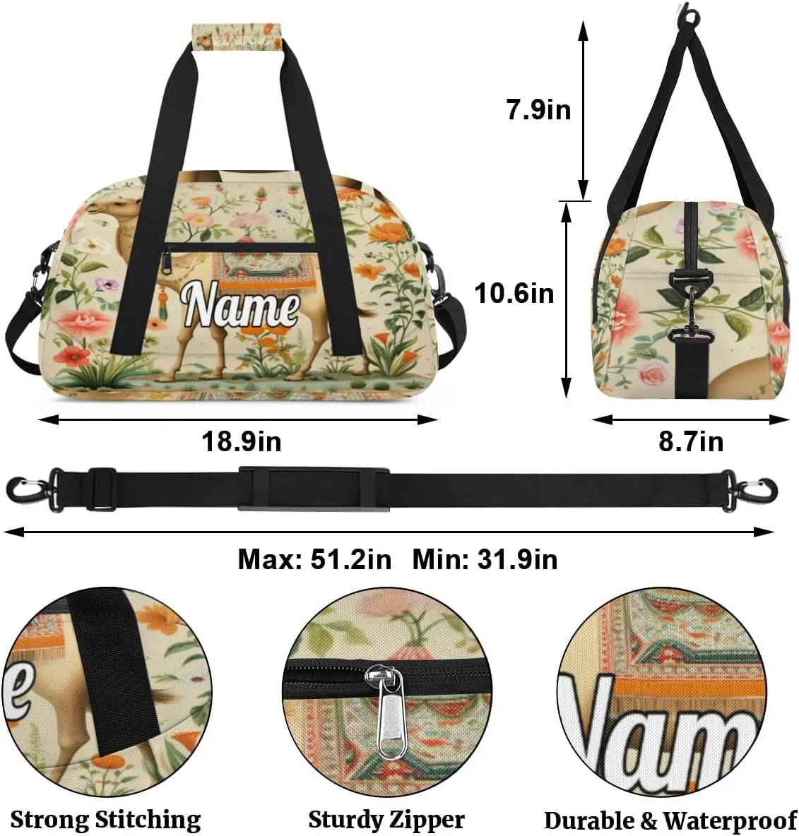 Camel Personalized Kids Gym Bag Custom Name Sport Duffel Bag Dance Ballet Bag for Girls Practice Workout Bag