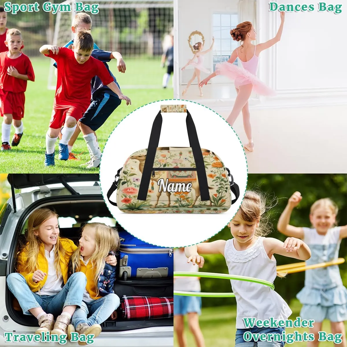 Camel Personalized Kids Gym Bag Custom Name Sport Duffel Bag Dance Ballet Bag for Girls Practice Workout Bag