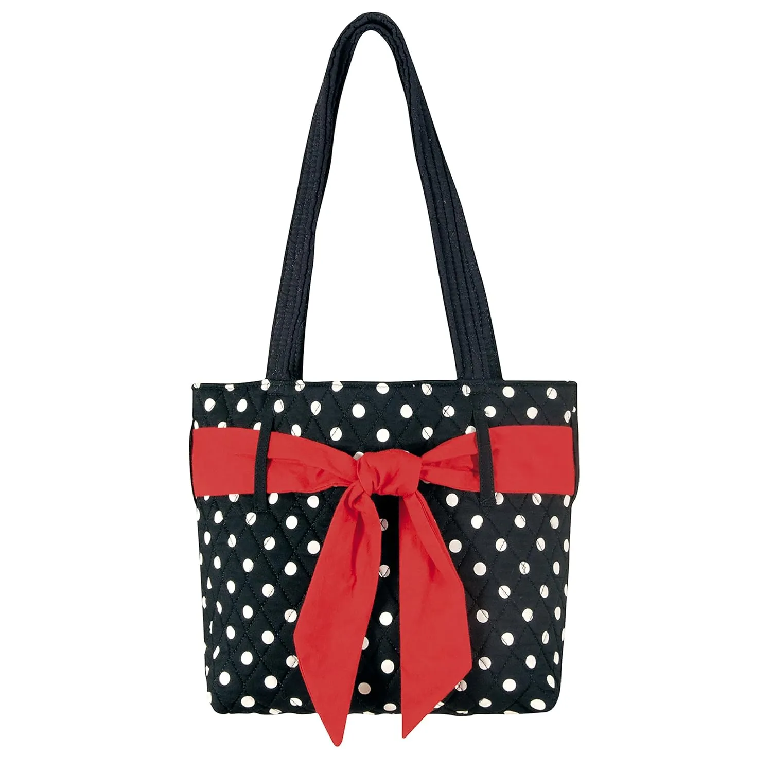 C&F Home Classic Black & White Polkadot Ruffle Tote Bag Carrier Purse w/ Decorative Red Ribbon All Seasons Everyday Elegant Travel Women's Accessory Handbag Decor Decoration Ruffle Tote Black