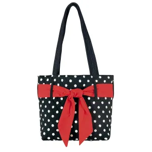 C&F Home Classic Black & White Polkadot Ruffle Tote Bag Carrier Purse w/ Decorative Red Ribbon All Seasons Everyday Elegant Travel Women's Accessory Handbag Decor Decoration Ruffle Tote Black