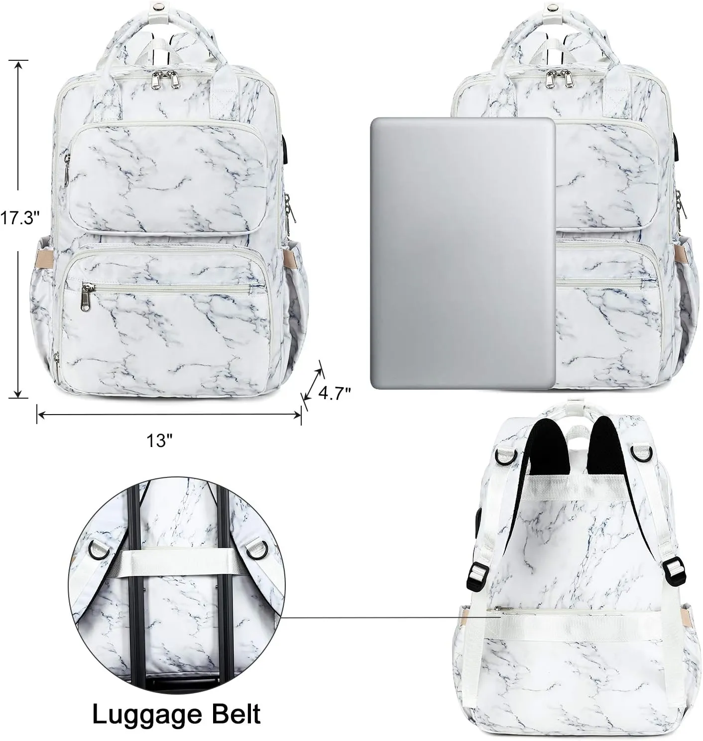 CAMTOP School Backpack College Laptop Backpacks with USB Charging Port 15.6 Inch Computer Bookbag for Women Girls(17 Inch, Marble)