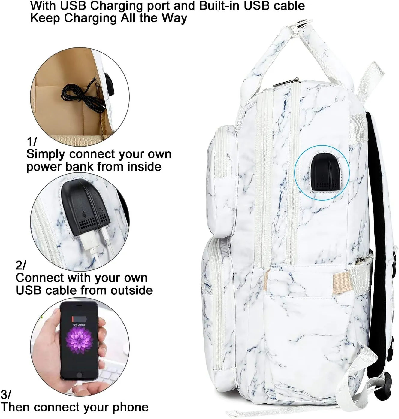 CAMTOP School Backpack College Laptop Backpacks with USB Charging Port 15.6 Inch Computer Bookbag for Women Girls(17 Inch, Marble)