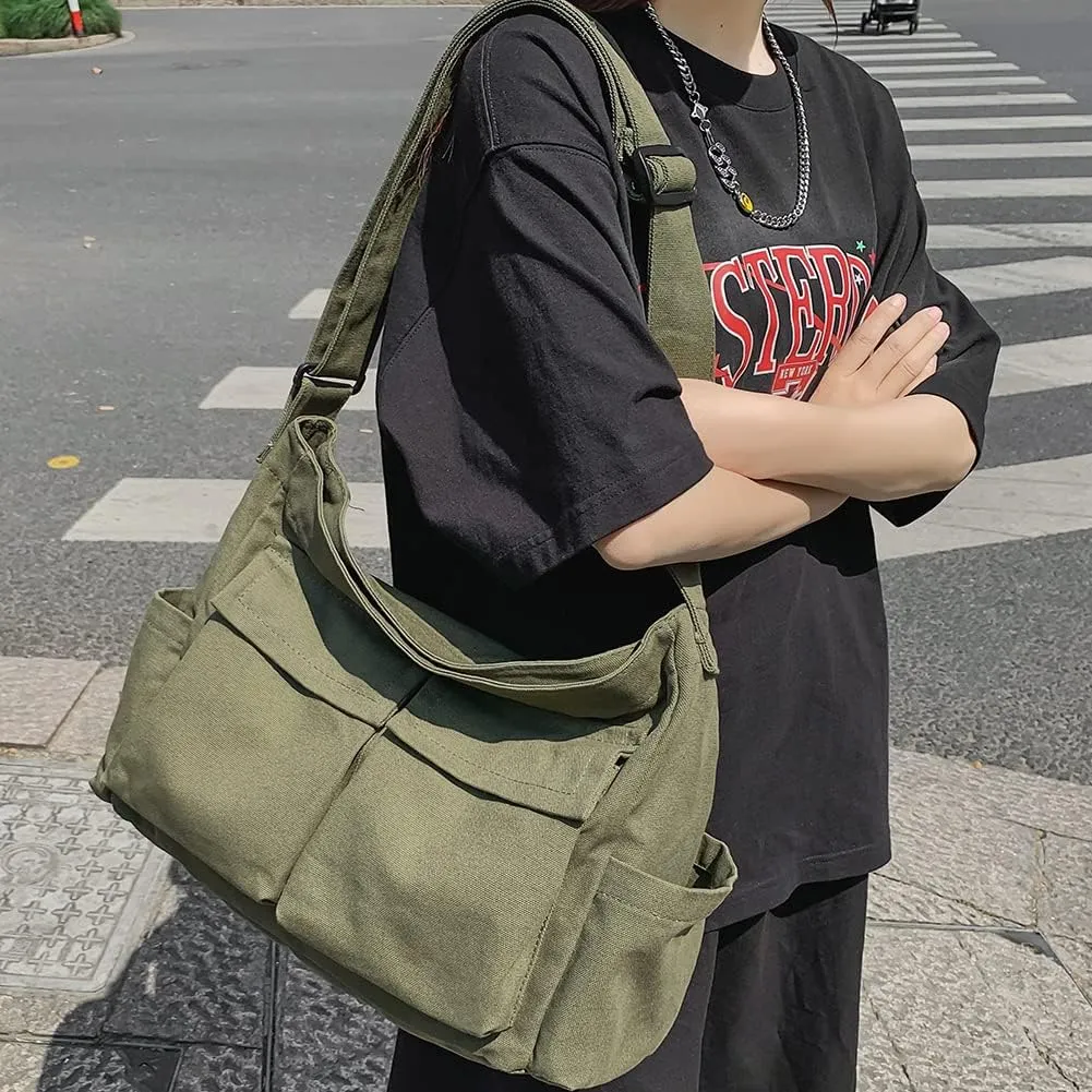 Canvas Crossbody Bag Messenger Cute Bag with Pins and Pendant for Women Girls Casual Shoulder Aesthetic School bag