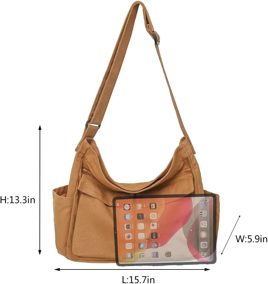 Canvas Crossbody Bag Messenger Cute Bag with Pins and Pendant for Women Girls Casual Shoulder Aesthetic School bag