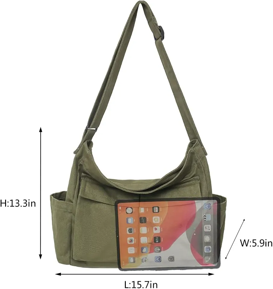 Canvas Crossbody Bag Messenger Cute Bag with Pins and Pendant for Women Girls Casual Shoulder Aesthetic School bag