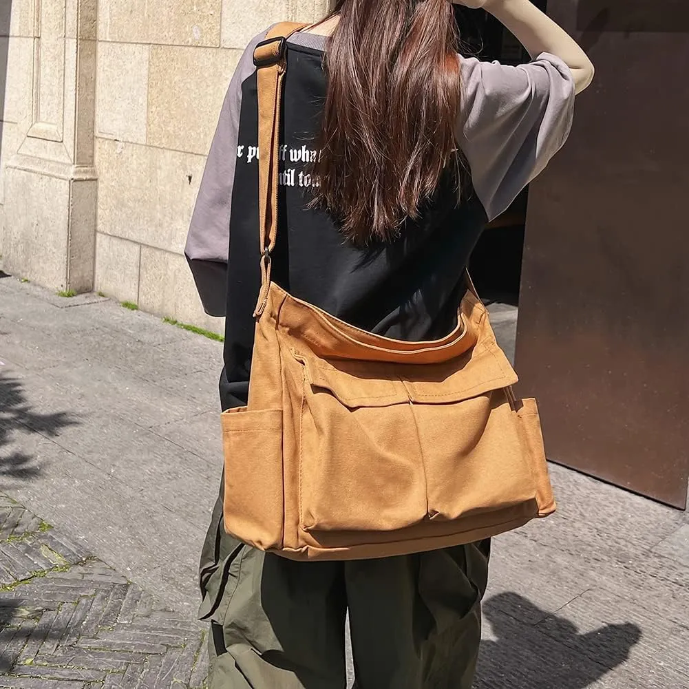 Canvas Crossbody Bag Messenger Cute Bag with Pins and Pendant for Women Girls Casual Shoulder Aesthetic School bag