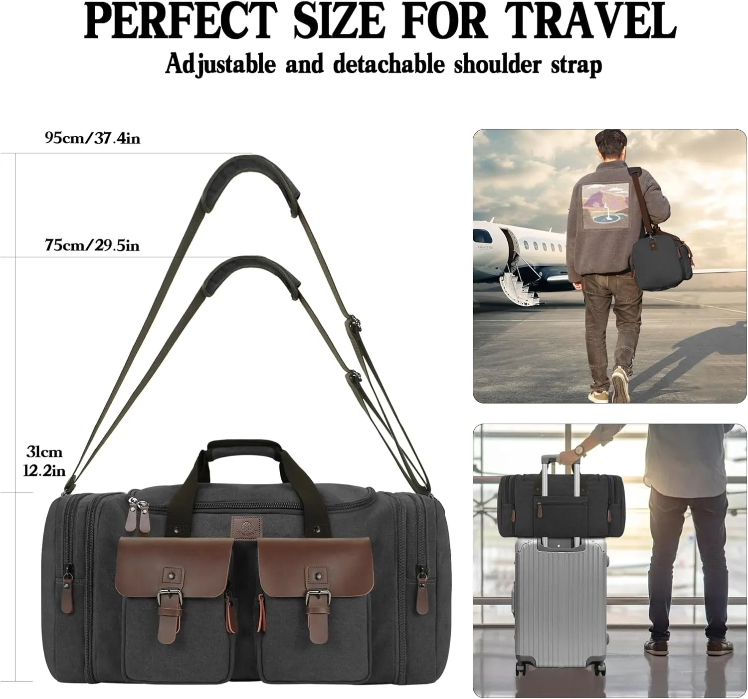 Canvas Duffle Bag for Men 60L Travel Duffel Bags Expandable Genuine Leather Duffel Overnight Weekender Carry On Bag Two Zipper Pockets Travel Bag (Black, X Large-60L)