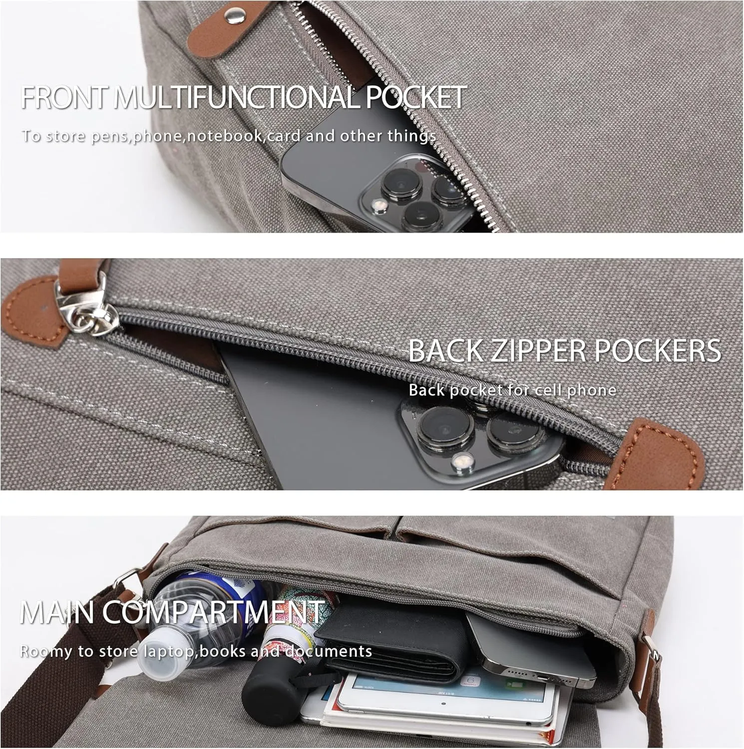 Canvas Messenger bag for Men Women, Shoulder Crossbody Bag for 13.3" Laptop, Office,Business