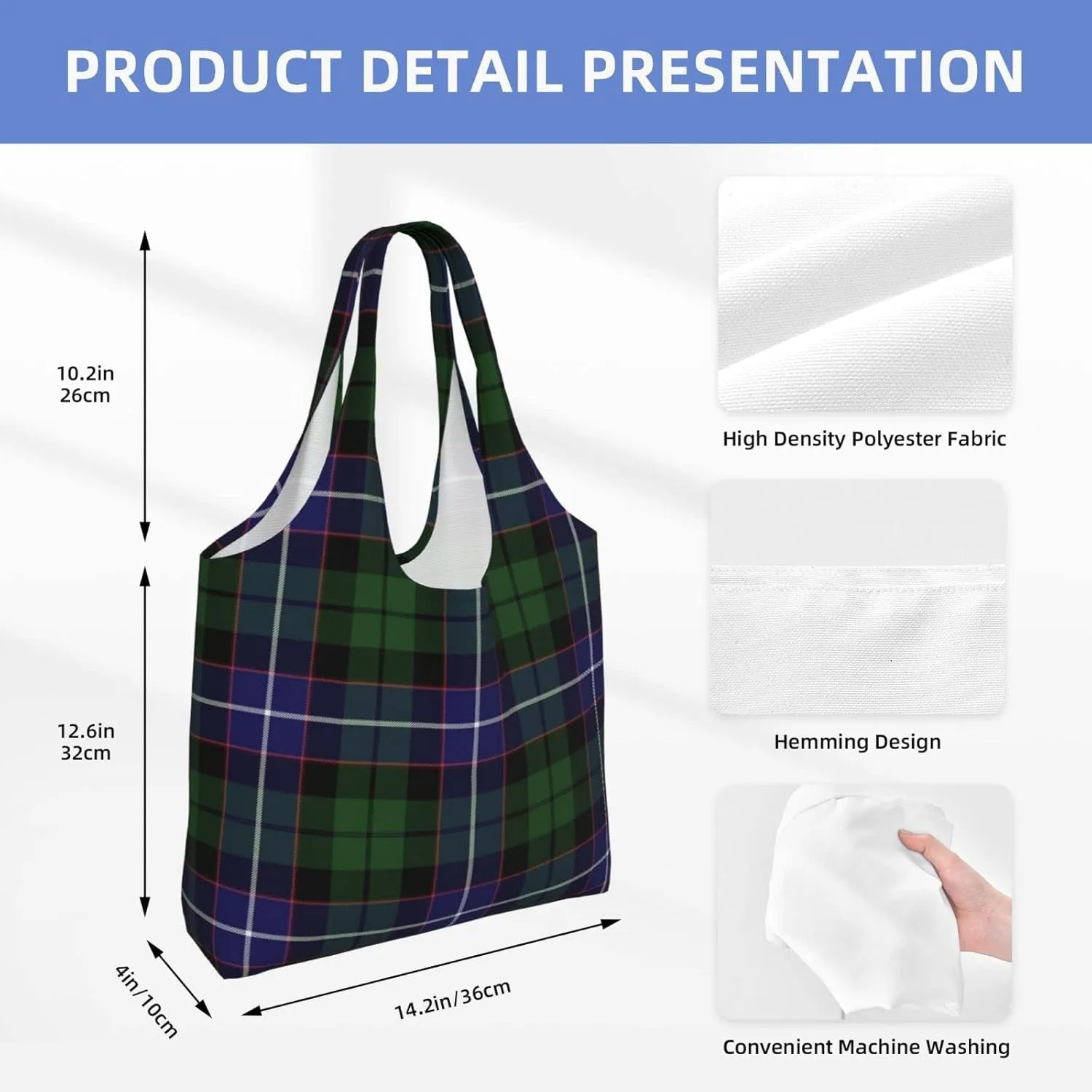 Canvas Shoulder Tote Bags For Women And Men, Reusable Grocery Bags, Large Capacity Glen Lyon District Tartan Printed