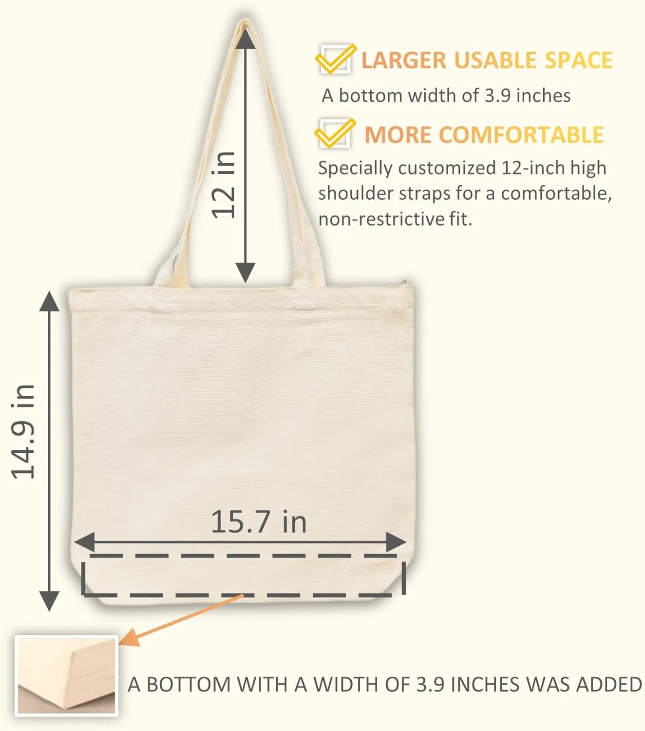 Canvas Tote Bag, Pockets, Zipper, Durable, Lightweight, Cotton Shopping Cloth Bag, Gifts