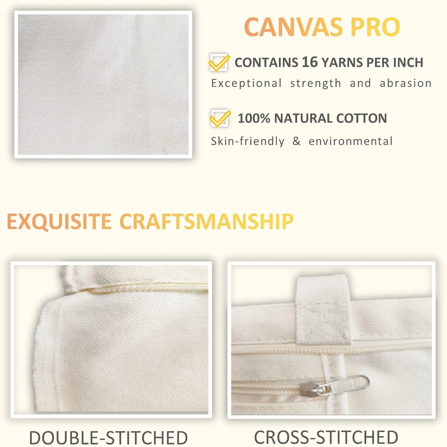 Canvas Tote Bag, Pockets, Zipper, Durable, Lightweight, Cotton Shopping Cloth Bag, Gifts