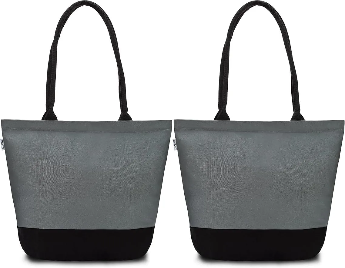 Canvas Tote Bag with Zipper, Pack of 2 – Reusable Canvas Bags with Handles, Heavy-Duty Cotton Tote Bags, Canvas Grocery Bags, Cloth Shopping Bags