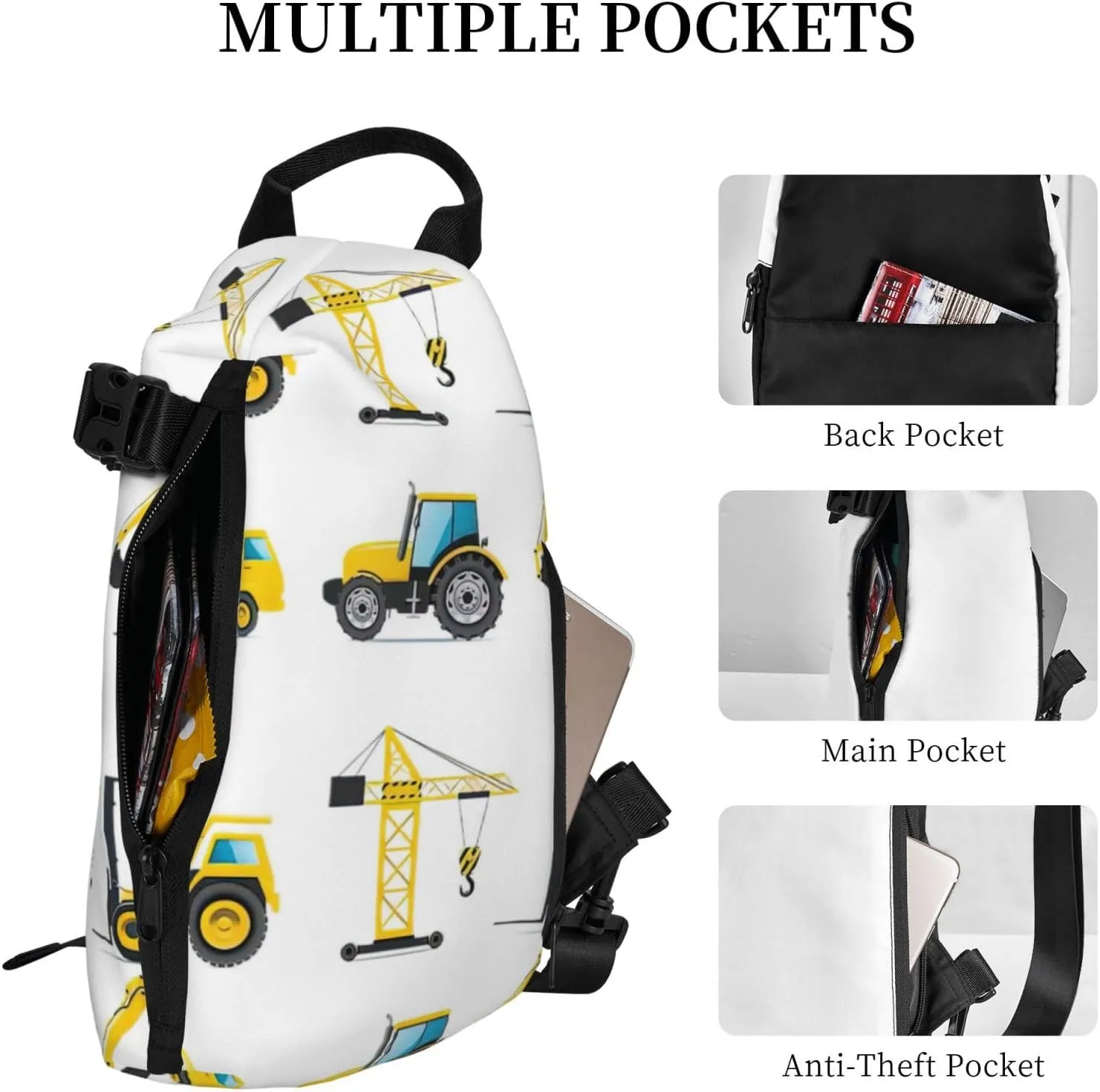 Cartoon Heavy Machinery Truck Print Crossbody Backpack Casual Adjustable Bag Multifunctional Sling Backpack