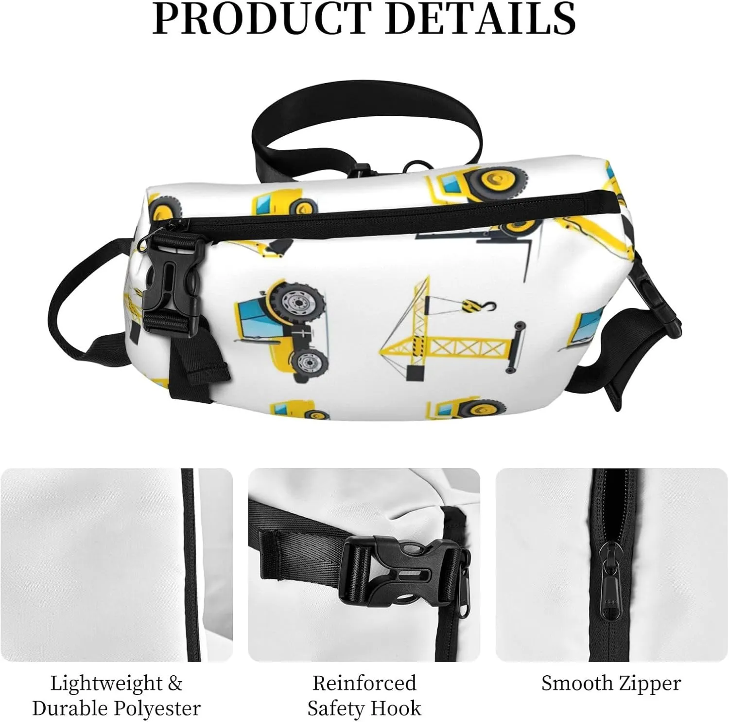 Cartoon Heavy Machinery Truck Print Crossbody Backpack Casual Adjustable Bag Multifunctional Sling Backpack