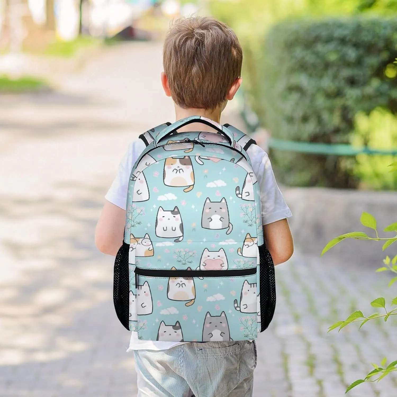 Cat Backpack for Girls Boys, 16 Inch Green Backpacks for School, Cute Lightweight Durable Bookbag for Kids