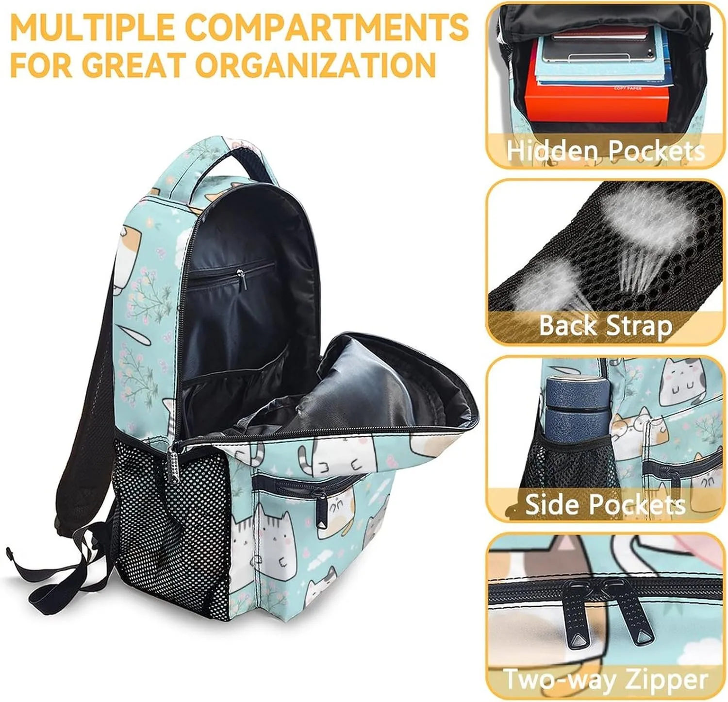 Cat Backpack for Girls Boys, 16 Inch Green Backpacks for School, Cute Lightweight Durable Bookbag for Kids