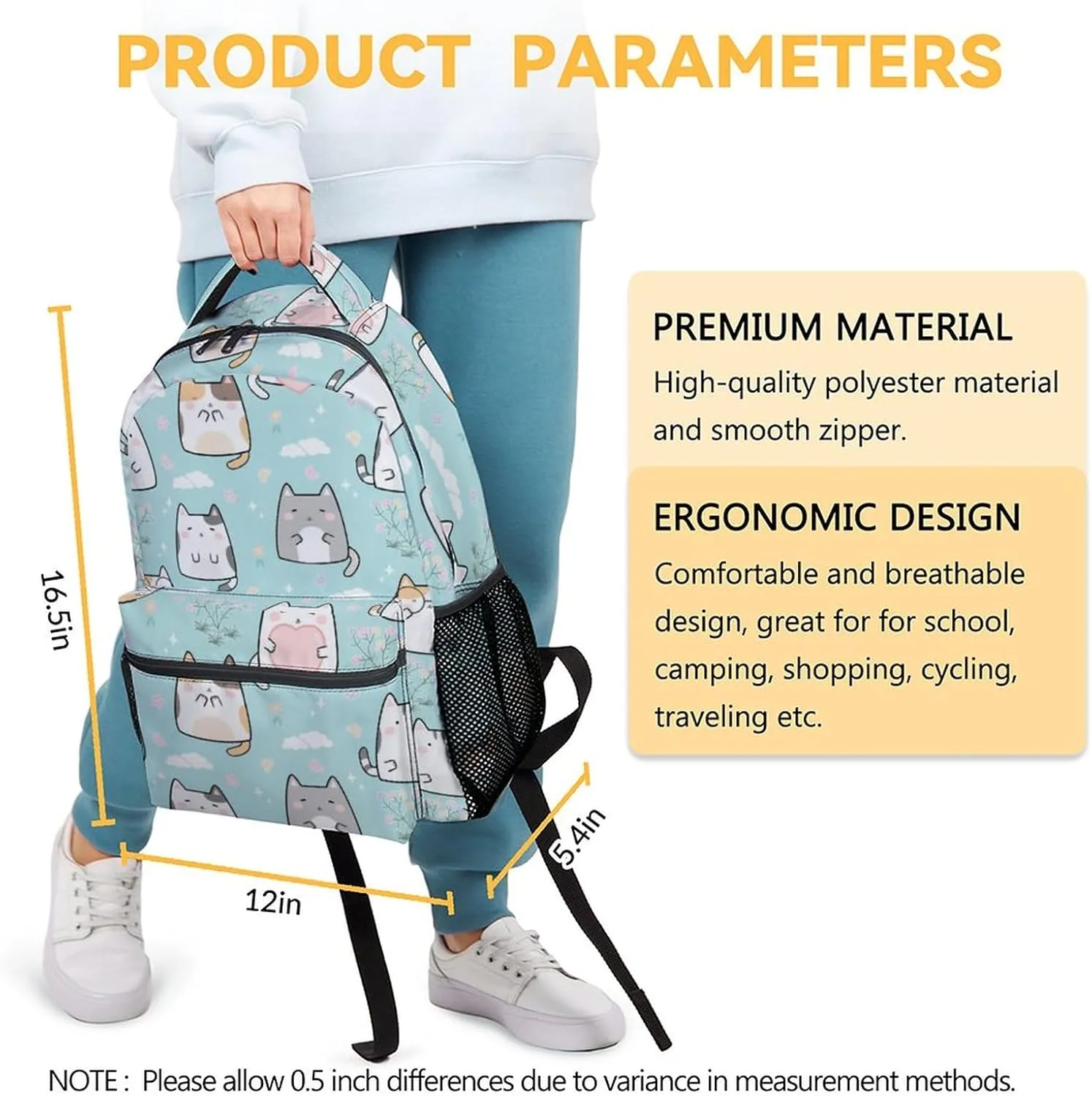 Cat Backpack for Girls Boys, 16 Inch Green Backpacks for School, Cute Lightweight Durable Bookbag for Kids