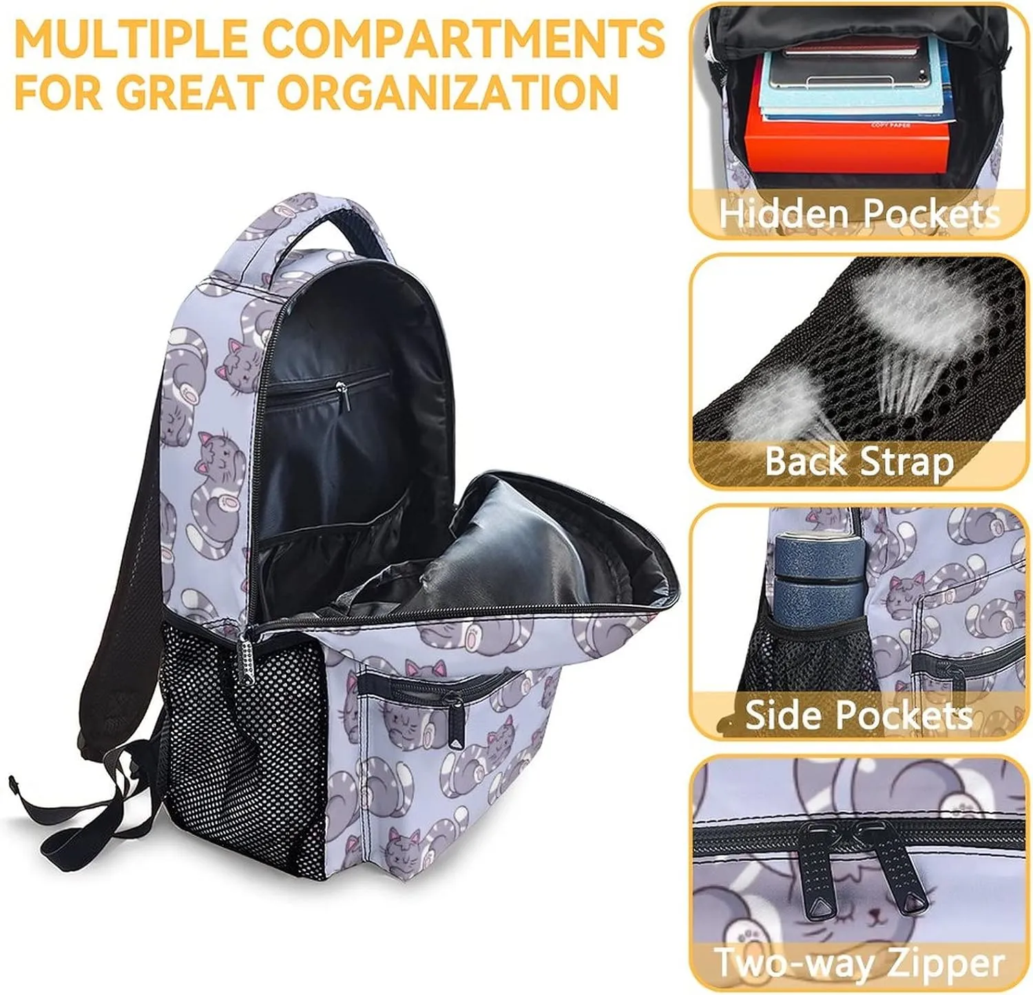 Cat Backpack for School - 16 Inches Aesthetic Backpacks for Kindergarten - Colorful Lightweight Bookbag for Students